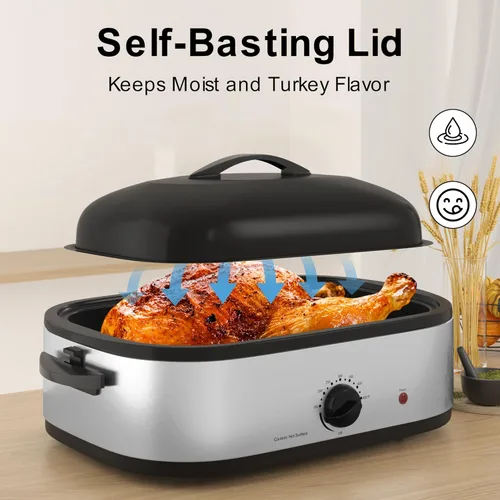 Miniatura 5 de Horno asador eléctrico de 14 cuartos de galón, horno asador de pavo, tapa de autofundación, bandeja extraíble, control de temperatura de rango