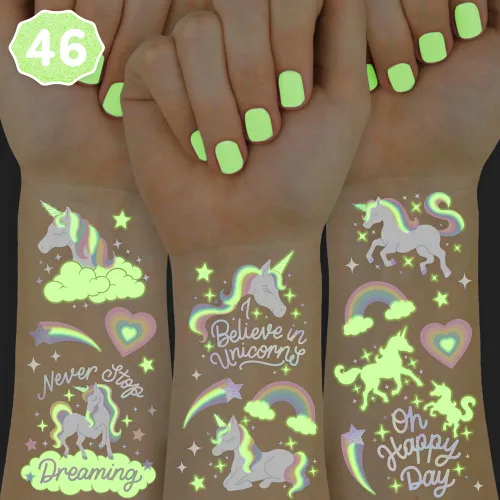 xo, Fetti Recuerdos de fiesta de unicornio arcoíris – Tatuajes temporales – 46 estilos que brillan en la oscuridad | Suministros para fiesta de