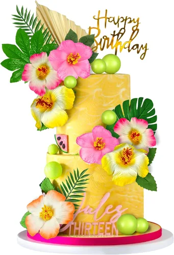 25 adornos para tartas hawaianas con hojas de palma, hibisco, bolas de flores para Hawaii, Aloha, selva, verano, boda, cumpleaños (multicolor)
