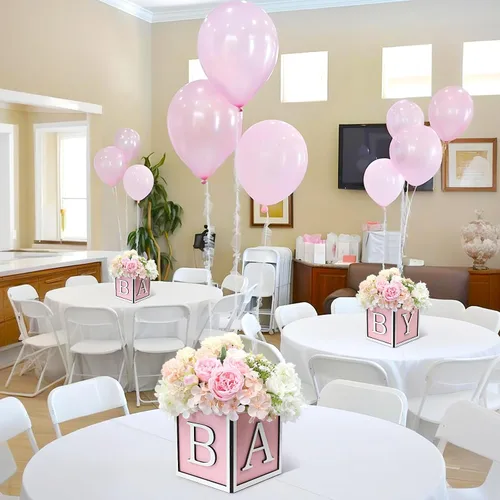 Miniatura 6 de Juego de 4 centros de mesa de baby shower para mesas, cajas de madera de 6 pulgadas con letras de bebé, cubos rústicos, bloques de madera para Rosa