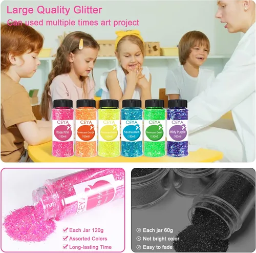 Miniatura 2 de Ceya Juego de purpurina gruesa a granel de 6 colores surtidos, 4.23 onzas cada tarro iridiscente para manualidades de Pascua, lentejuelas de uñas