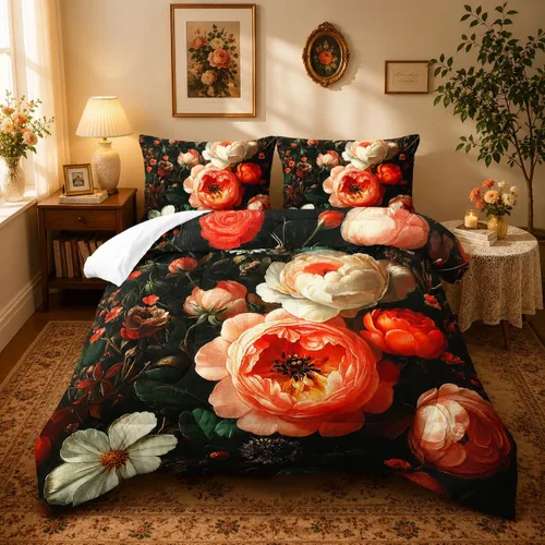 Miniatura 39 de Juego de edredón floral colorido de 3 piezas, juego de ropa de cama botánica bohemia tamaño queen, diseño boho de granja con flores y hojas impresas