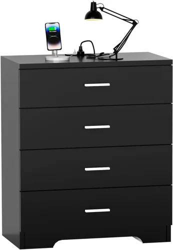 FJTJBSI Cómoda con tomas de corriente, cómoda de madera con 4 cajones con puerto USB y tipo C, cómoda para dormitorio, organizador negro alto,