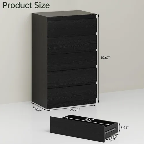 Miniatura 2 de OtterOasis Cómoda de madera negra para dormitorio, 5 cajones para almacenamiento de ropa, cómoda moderna con cajones anchos, cajones anchos