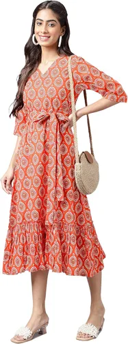 Miniatura 3 de Janasya Vestido con volantes estampado de motivos étnicos de algodón naranja para mujer india