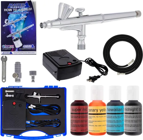 Master Airbrush Kit de decoración de aerógrafo para pasteles con cepillo de aire de doble acción (G34), mini compresor de aire multiusos, 4 colores