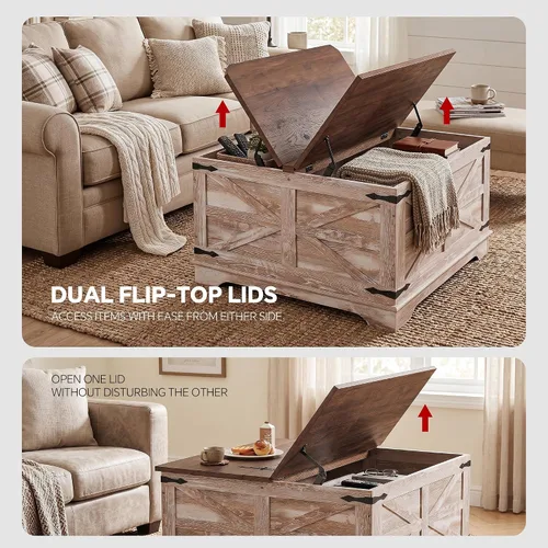 Miniatura 4 de senlin Mesa de café de casa de campo, mesa de café resistente con almacenamiento, mesa central cuadrada de madera con compartimento