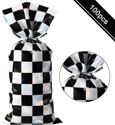 Miniatura 2 de Blulu 100 bolsas de celofán para caramelos, color negro y blanco, a cuadros, bolsas de plástico para regalo de carreras, bolsa de regalo, bolsa