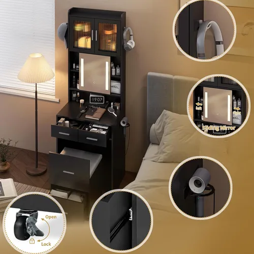 Miniatura 8 de VINGLI Tocador 3 en 1 con espejo deslizante iluminado LED y taburete acolchado sobre ruedas, pequeño tocador de maquillaje con 3 cajones y 2 Negro
