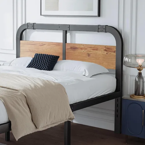Miniatura 6 de ZIYOO Base de cama de metal de tamaño matrimonial con cabecera de madera maciza, plataforma de cama de estilo rústico, soporte de listones de acero