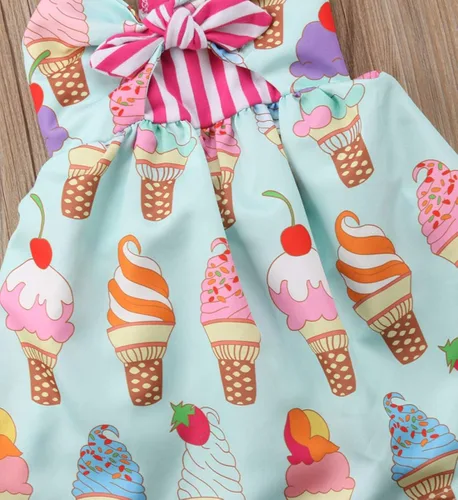 Miniatura 4 de Falda de verano para niñas pequeñas, vestido sin espalda con tirantes y estampado de helado