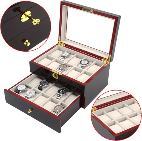 Miniatura 3 de LOYALHEARTDY Caja de reloj de madera de 20 ranuras, joyería y reloj de exhibición Oraorganization de 2 capas soporte de reloj de madera