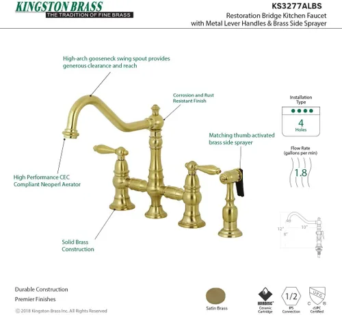 Miniatura 7 de Kingston Brass KS3277ALBS Grifo de cocina con rociador lateral, latón cepillado, 13.06 x 14.06 x 9.44 Cobrizo cepillado