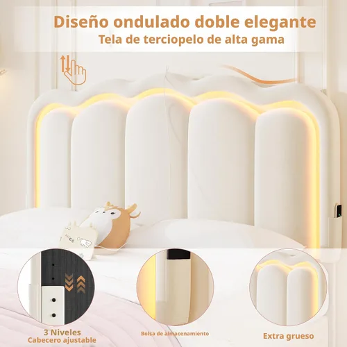 Miniatura 6 de Base de cama LED tapizada tamaño Queen con 2 cajones de almacenamiento y cabecera doble ondulada ajustable, cama de plataforma de princesa de Beige