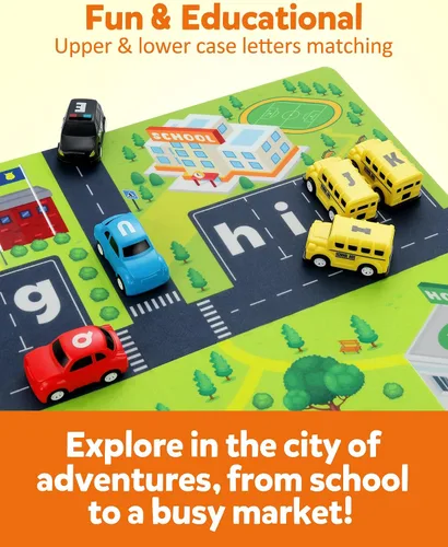 Miniatura 3 de Coogam Laberinto del Alfabeto, 26 piezas de coche tirador con alfombrilla de juego, juego preescolar de emparejamiento de letras para niños de 3, 4