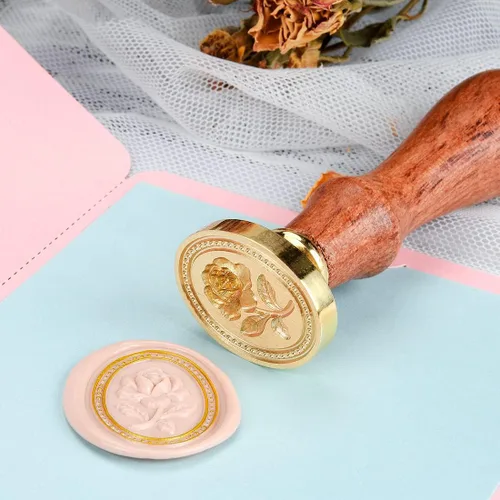 Miniatura 6 de Sello de cera - Flor de rosa en relieve, cabeza ovalada de latón con mango de madera