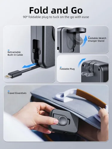 Miniatura 2 de Bloque de cargador para Apple Watch, cargador de pared 2 en 1 con cable de carga retráctil integrado, adaptador de corriente de enchufe plegable