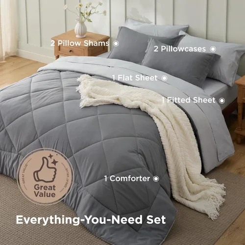 Miniatura 3 de Bedsure - Juego de edredón tamaño completo de 7 piezas reversible en gris, juego de ropa de cama tamaño completo para todas las estaciones, ropa
