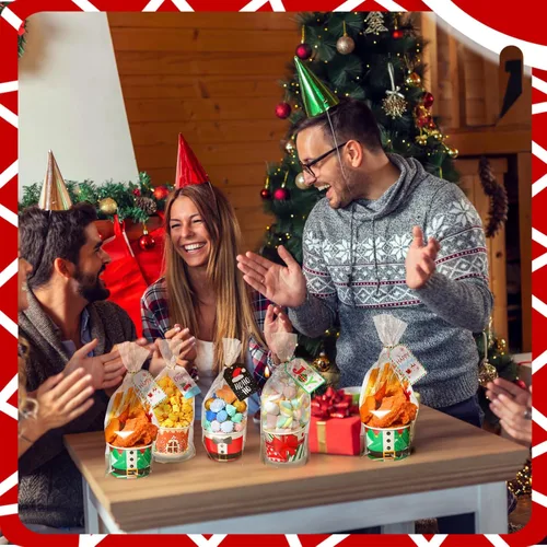 Miniatura 6 de Layhit Juego de cestas de regalo de Navidad, 50 tazas vacías para aperitivos de Navidad, 50 bolsas de celofán transparente, 50 etiquetas de regalo