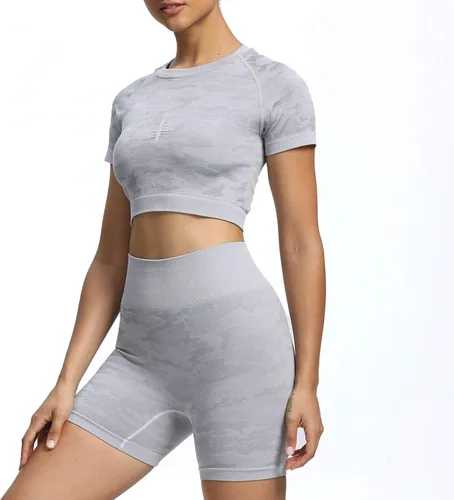 Miniatura 3 de Aoxjox Traje de yoga para mujer, sin costuras, 2 piezas, entrenamiento, gimnasio, adaptado, pantalones cortos de cintura alta con brasier deportivo
