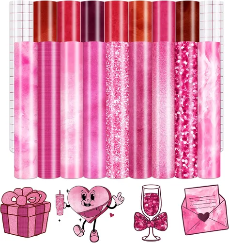 Vinilo Permanente Rosa Fucsia - 16 hojas 12"x10" Textura Rosa Roja Vinilo Adhesivo Permanente para Tazas DIY Tonos Rosa Calcomanía Autoadhesiva