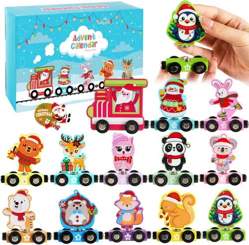 Calendario de Adviento de tren 2025 para niños pequeños, juego de regalo magnético de tren de animales de madera, calendario de cuenta regresiva de