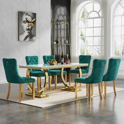Miniatura 64 de HomVent Juego de mesa de comedor moderna de mármol sintético para 4 personas, mesa de cocina rectangular con 4 sillas beige (dorado)
