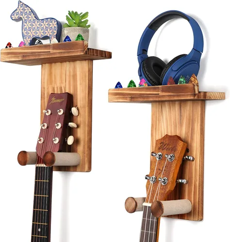 Miniatura 18 de Keebofly 2 unidades de colgador de pared para guitarra con estante de madera y soporte para púa para guitarra acústica, eléctrica, ukelele, bajo