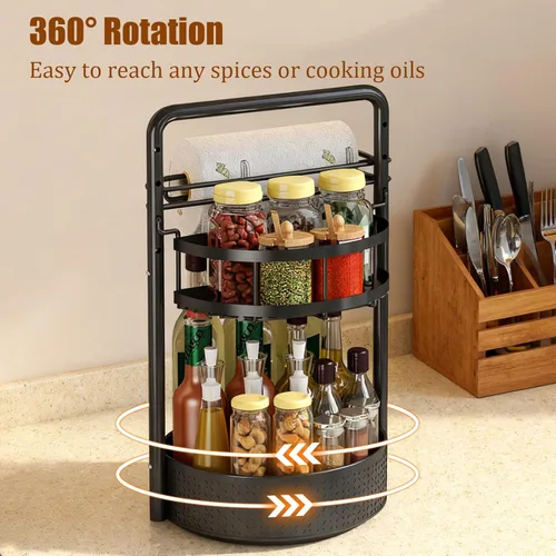 Miniatura 2 de JEESA Organizador Lazy Susan, estante giratorio de metal de 360° para especias con soporte para toallas de papel, soporte giratorio para Negro