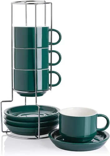 Miniatura 10 de Sweejar - Tazas de café de porcelana con platillos, tazas de capuchino apilables de 4 onzas con soporte de metal para bebidas de café, café
