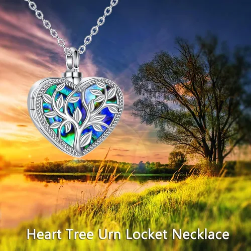 Miniatura 5 de ONEFINITY Collar de urna de cremación para cenizas de plata de ley con concha de abulón, árbol de la vida, collar con medallón que sostiene imágenes