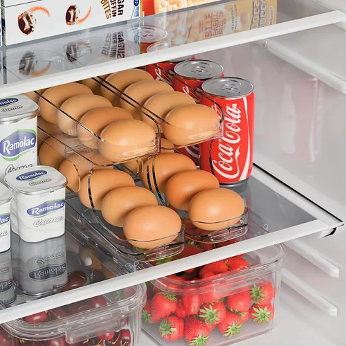 Miniatura 2 de Sotfamily Soporte para huevos para refrigerador, organizador de almacenamiento de huevos con ruedas automáticas para refrigerador, recipiente