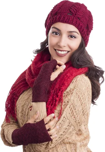 Miniatura 3 de NOVICA Manoplas 100% hechas a mano de alpaca bebé sin dedos con estampado de lana granate, guantes de accesorios de lana burdeos Perú 'Patrón