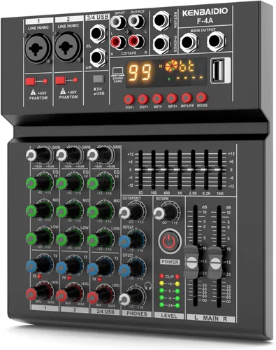 Mezclador de Audio, Mezclador de DJ Profesional, Tablero de Sonido 99 Efectos DSP, Ecualizador de 7 Bandas, Mezclador Digital de 4 Canales, Entrada