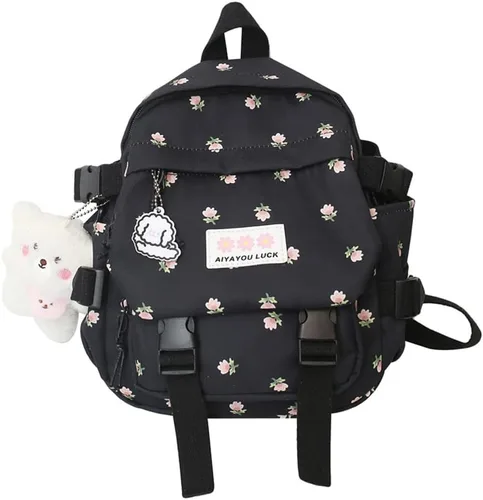 Mochila estética Kawaii con colgante mini mochila para niñas, bonita mochila escolar japonesa, mochila con flores, Negro, S, Kawaii