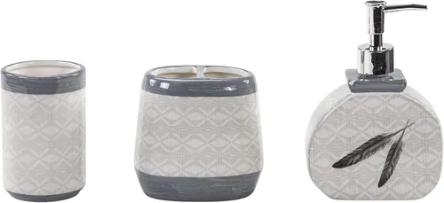 Paseo Road by HiEnd Accents - Juego de accesorios de baño de cerámica con diseño de plumas de 3 piezas con dispensador de loción de jabón, vaso,