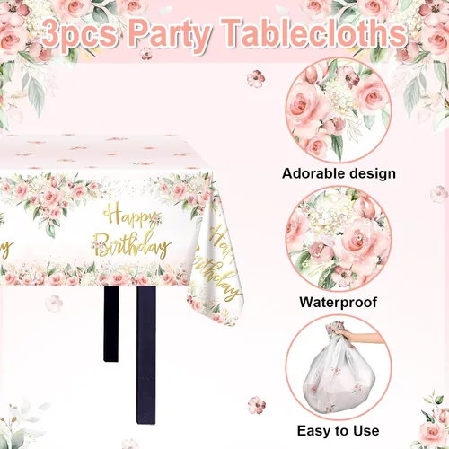 Miniatura 3 de Avezano 3 piezas de decoración de fiesta de oro rosa, manteles florales de feliz cumpleaños para niñas y mujeres, suministros de fiesta