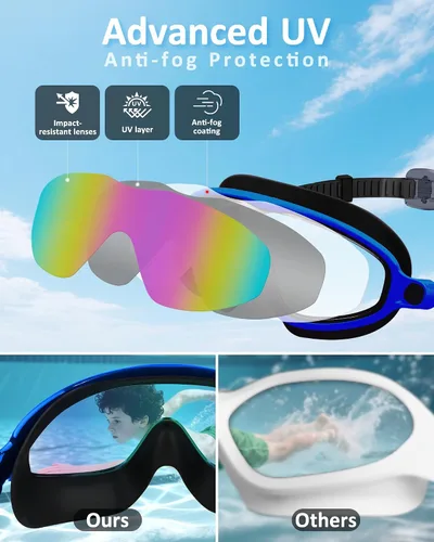 Miniatura 3 de Gafas de natación para niños, antivaho, protección UV y amplia vista & gorro de natación para niños de 3 a 15 años, niños y niñas, bebés Azul & negro