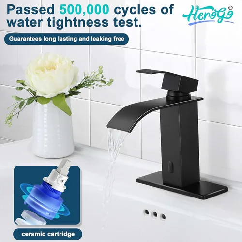 Miniatura 6 de Herogo - Grifo de lavabo de baño sin contacto, sensor automático, color negro mate, cascada de acero inoxidable, con drenaje desplegable de latón
