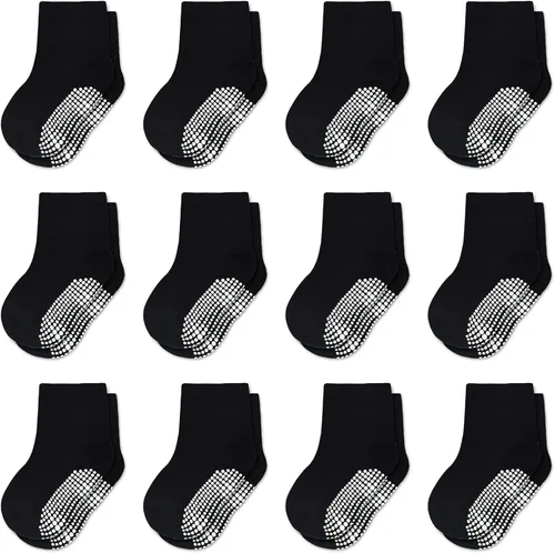 Calcetines antideslizantes para niños, calcetines de corte medio para niños pequeños y niñas (0-7 años), 12 pares de calcetines antideslizantes para