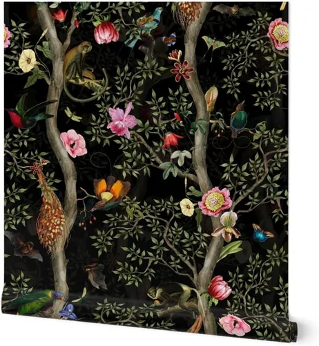 Papel tapiz para despegar y pegar, diseño de jardín tropical, negro, chino, antiguo, chinoiserie, papel pintado extraíble personalizado Spoonflower
