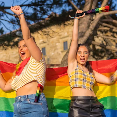Miniatura 6 de Geetery 6 piezas grandes de mano plegable arco iris para fanáticos gay LGBT, fanáticos del festival orgullo arco iris para mujeres y hombres, fiesta