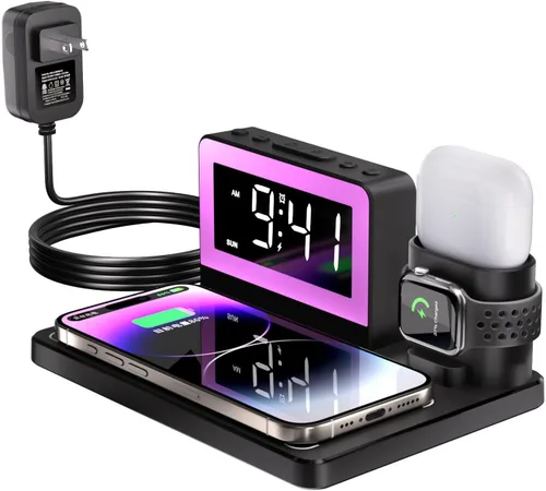 Estación de carga rápida inalámbrica, reloj despertador 7 en 1 con soporte de cargador inalámbrico, base de carga para Apple, para múltiples