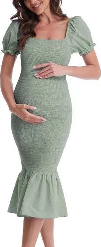 Miniatura 3 de Vestido de maternidad de verano a media pierna, manga corta abombada, cuello cuadrado, dobladillo con volantes, vestido de sirena para baby shower