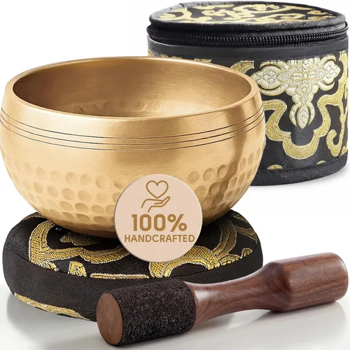 Miniatura 10 de Juego de cuencos tibetanos grabados a mano con estuche – Cuenco de meditación y cuenco de sonido con cojín, mazo y guía – Herramienta portátil