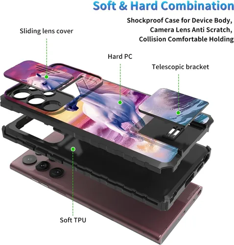 Miniatura 386 de Funda para Samsung Galaxy S22 Ultra 5G, Galaxy S22 Ultra con cubierta de cámara deslizante, funda resistente de doble capa con función atril Black