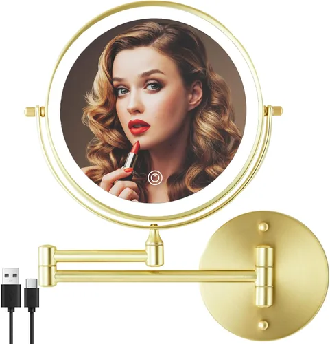 Espejo de Tocador de Maquillaje Iluminado Recargable Montado en la Pared de 8 Pulgadas, Doble Cara 1X 10X con Aumento Espejo de Baño, 3 Colores de