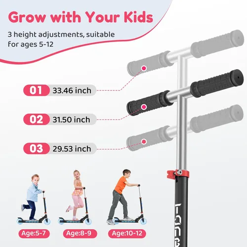 Miniatura 3 de TONBUX Patinetes para niños de 5 a 12 años, patinetes de 2 ruedas con tallo, ruedas y plataforma con luces geniales, patinete ajustable de 3 Negro