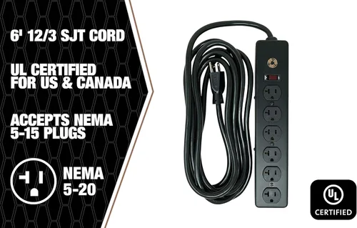 Miniatura 5 de Southwire Regleta de alimentación montable, 20 amperios, enchufe y receptáculo NEMA 5-20, 6 tomacorrientes, todo de metal para uso en garaje y Negro
