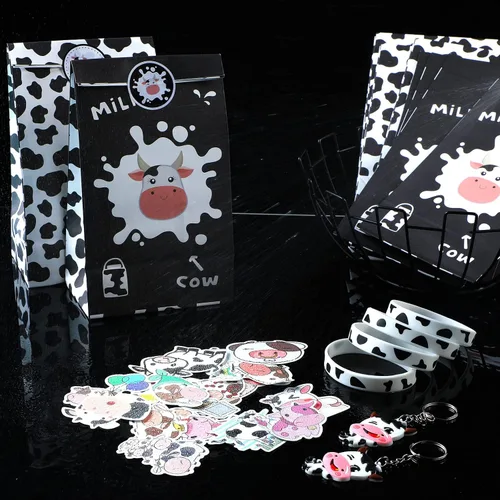 Miniatura 5 de 104 piezas de recuerdos de fiesta de vaca incluyen lindas pulseras de silicona de vaca llavero, bolsas de regalo de fiesta, calcomanías impermeables